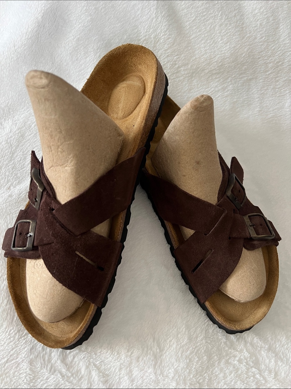 Betula by Birkenstock Brown Suede Crisscross Buckle Slides size 9 NWOT